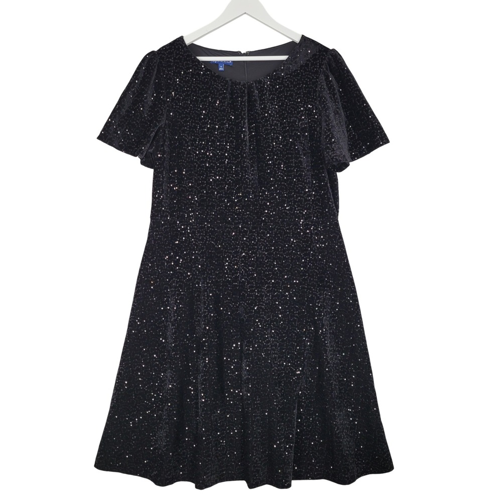 RSVP by Talbots Velvet Sequin Dress Womens 16 Black Short Sleeve Midi A-Line